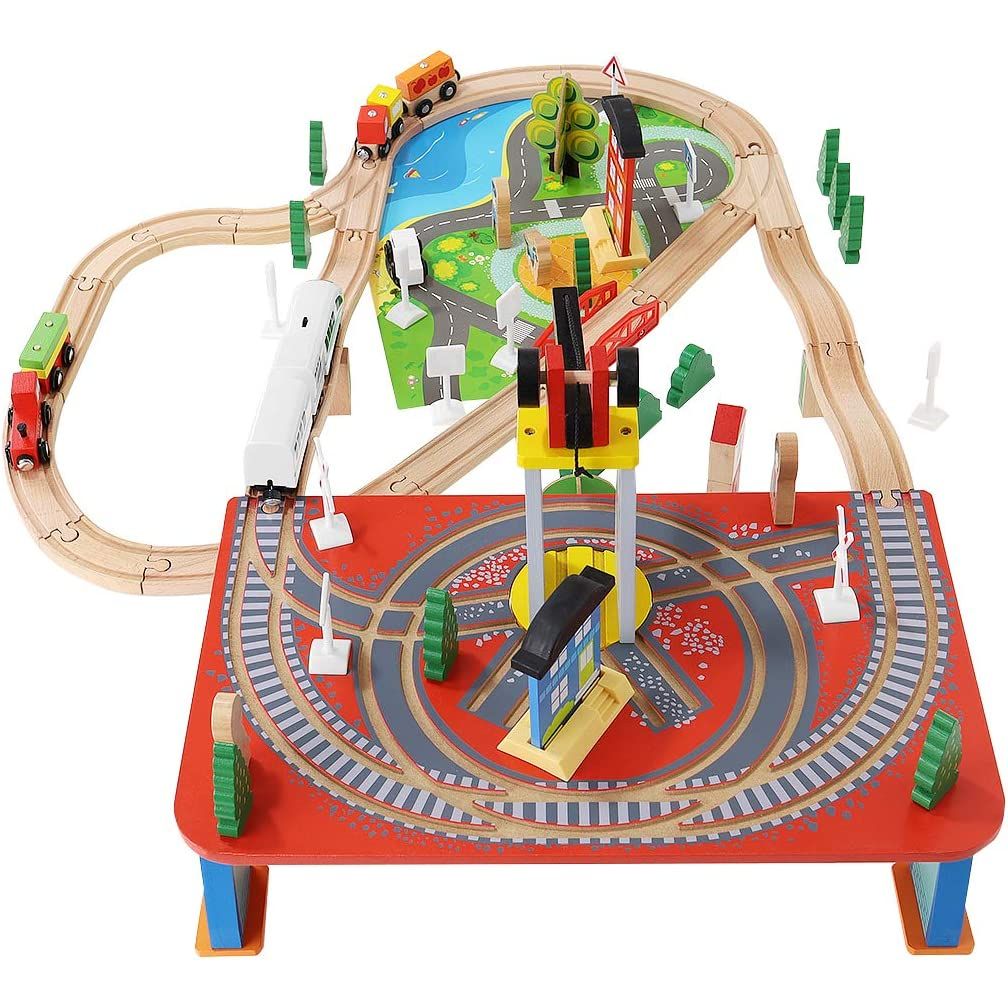 Ferrocarril de juguete de madera. Tren a pilas - Shopmami