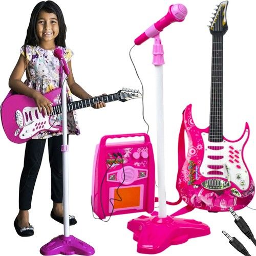Guitarra eléctrica + Amplificador + Micrófono con Soporte de Color Rosa - REBAJAS- 